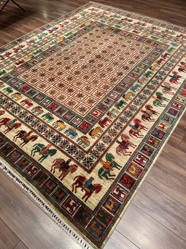 Pazırık Orijinal El Dokuması Bej Kök Boya Yün Halı 242x301 7.28 Metrekare - 8x10 ft