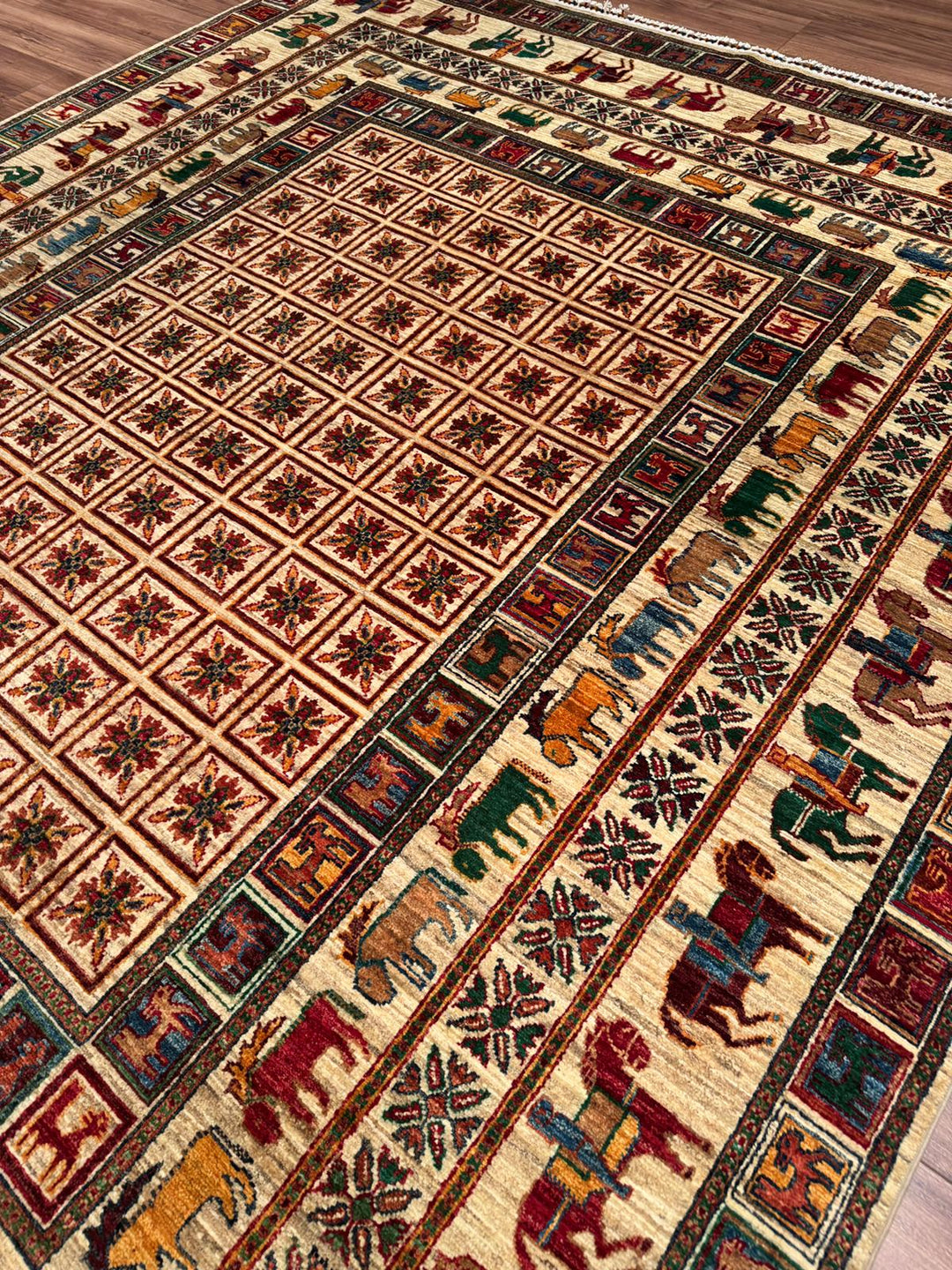 Pazırık Orijinal El Dokuması Bej Kök Boya Yün Halı 242x301 7.28 Metrekare - 8x10 ft
