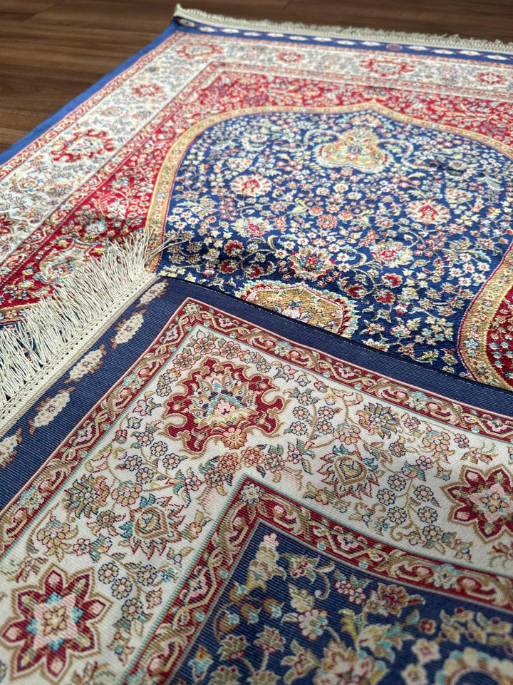 İran Koyu Mavi - Krem Seccade 0.80x125 1 Metrekare Namazlık - 2x4 ft