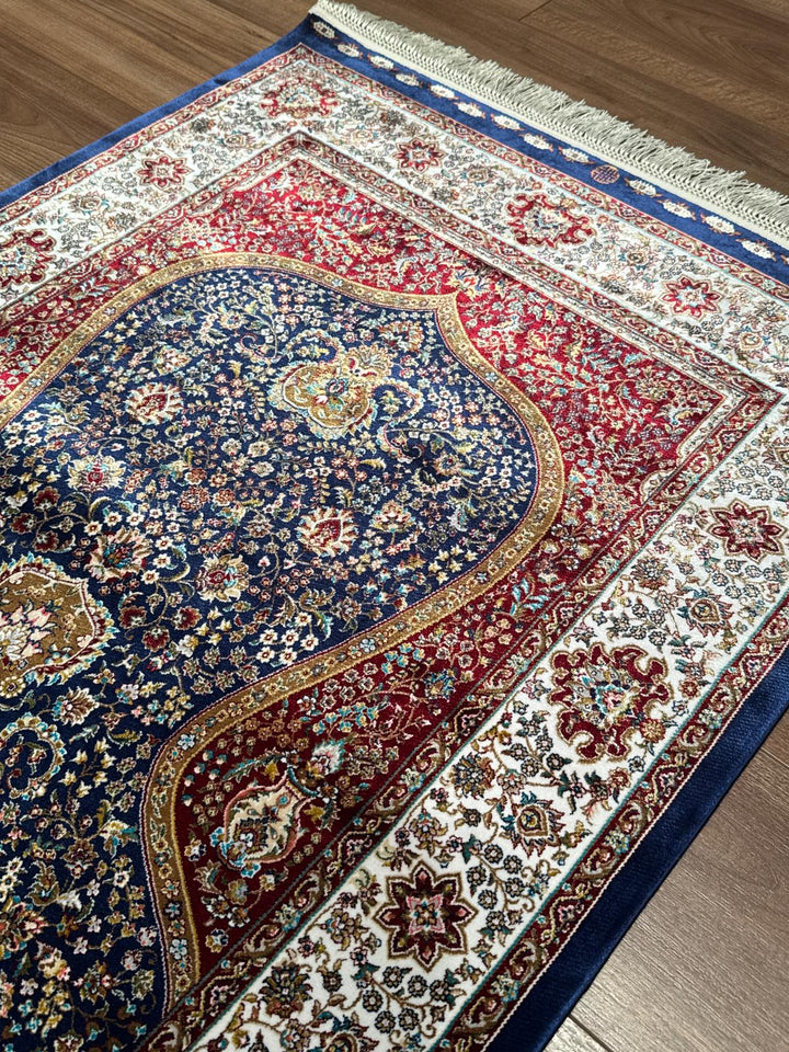 İran Koyu Mavi - Krem Seccade 0.80x125 1 Metrekare Namazlık - 2x4 ft