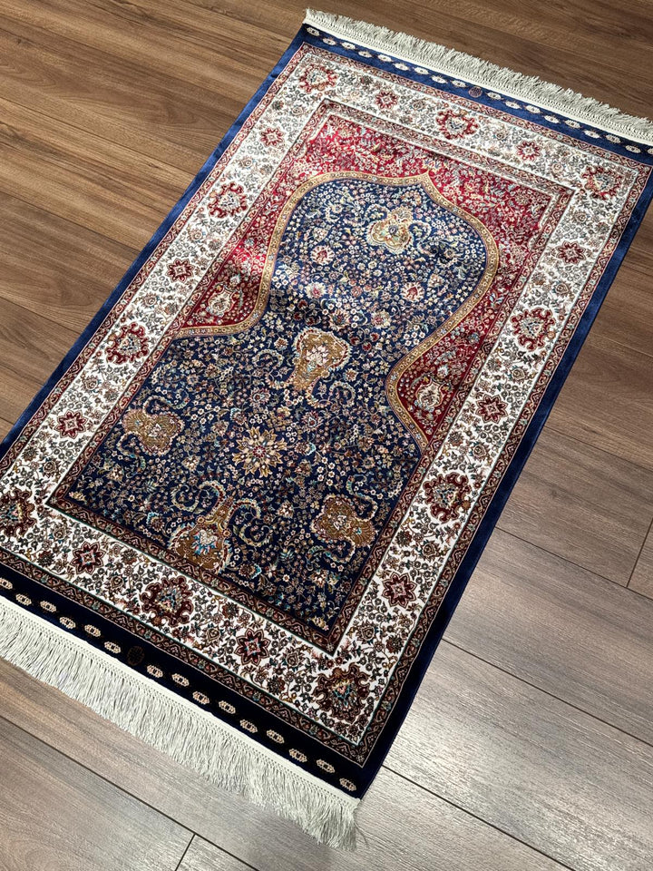 İran Koyu Mavi - Krem Seccade 0.80x125 1 Metrekare Namazlık - 2x4 ft