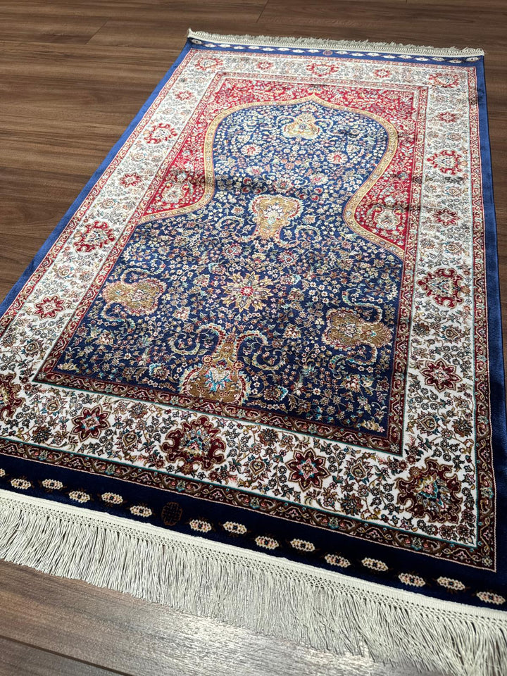 İran Koyu Mavi - Krem Seccade 0.80x125 1 Metrekare Namazlık - 2x4 ft