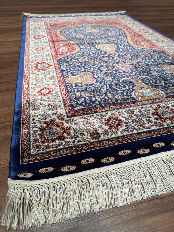 İran Koyu Mavi - Krem Seccade 0.80x125 1 Metrekare Namazlık - 2x4 ft