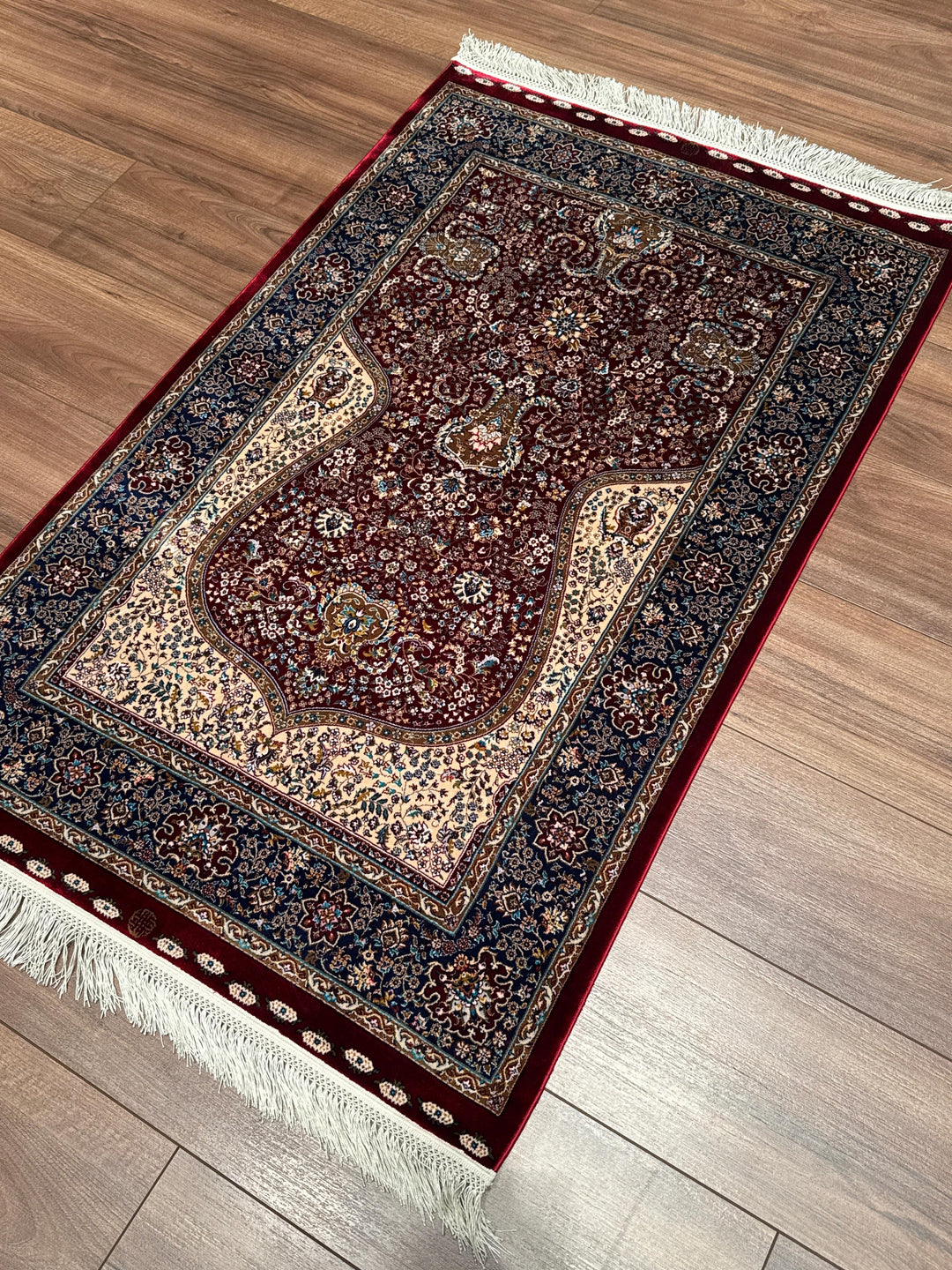 İran Bordo - Koyu Mavi Seccade 0.80x125 1 Metrekare Namazlık - 2x4 ft