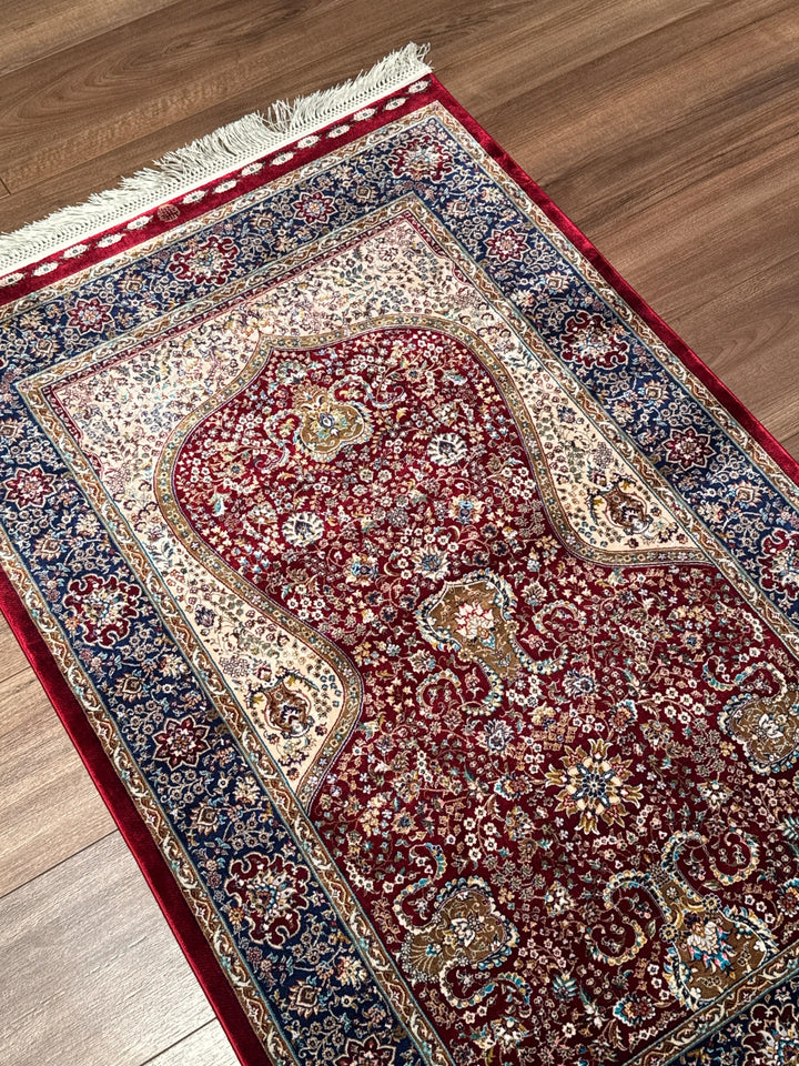 İran Bordo - Koyu Mavi Seccade 0.80x125 1 Metrekare Namazlık - 2x4 ft