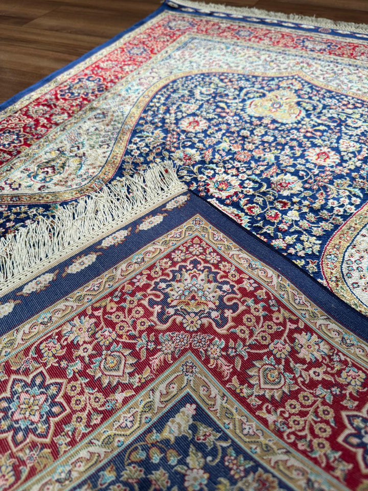 İran Koyu Mavi - Bordo Seccade 0.80x125 1 Metrekare Namazlık - 2x4 ft