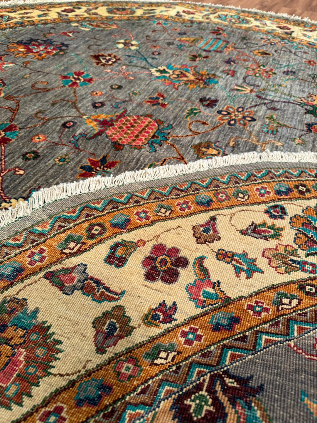 Sultani Binbirgece Yuvarlak Orijinal El Dokuması Gri Kök Boya Yün Halı 240x244 5.86 Metrekare - 8x8 ft