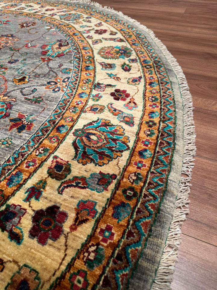 Sultani Binbirgece Yuvarlak Orijinal El Dokuması Gri Kök Boya Yün Halı 240x244 5.86 Metrekare - 8x8 ft