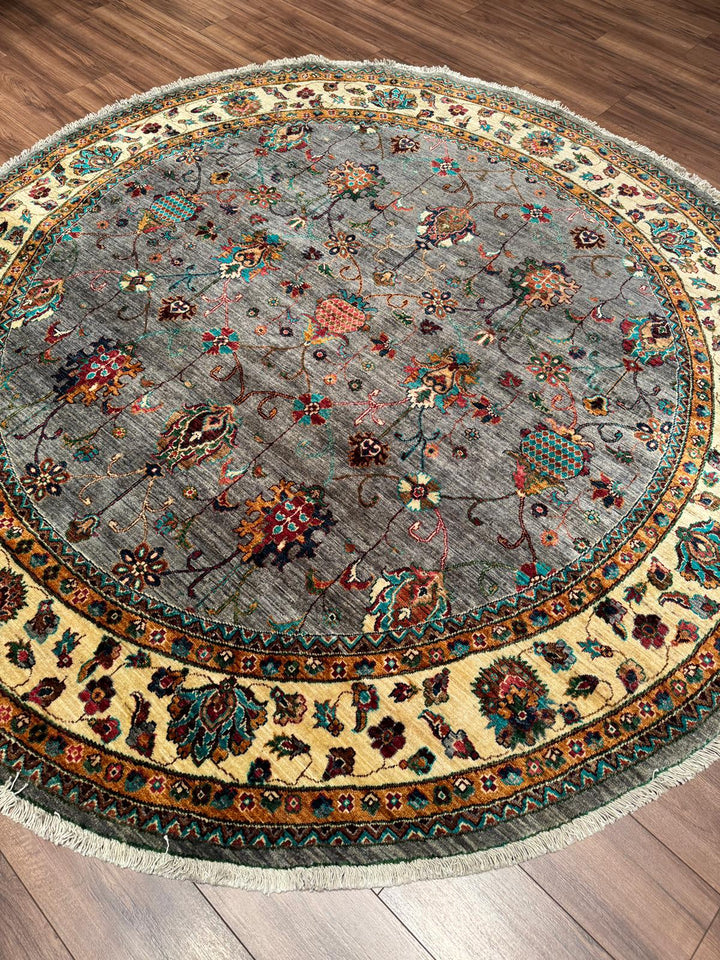 Sultani Binbirgece Yuvarlak Orijinal El Dokuması Gri Kök Boya Yün Halı 240x244 5.86 Metrekare - 8x8 ft