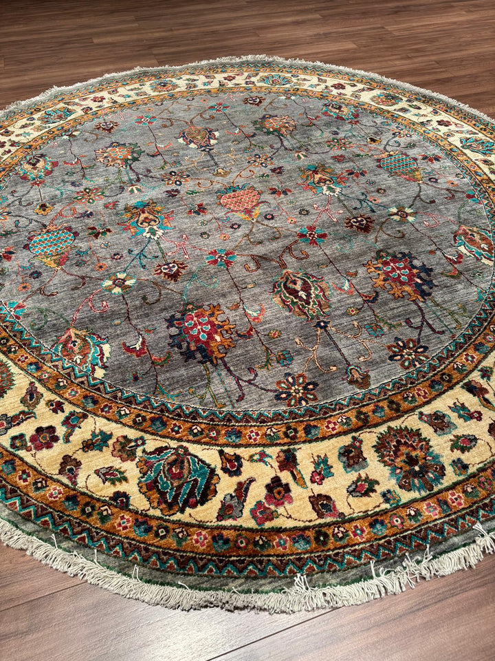 Sultani Binbirgece Yuvarlak Orijinal El Dokuması Gri Kök Boya Yün Halı 240x244 5.86 Metrekare - 8x8 ft