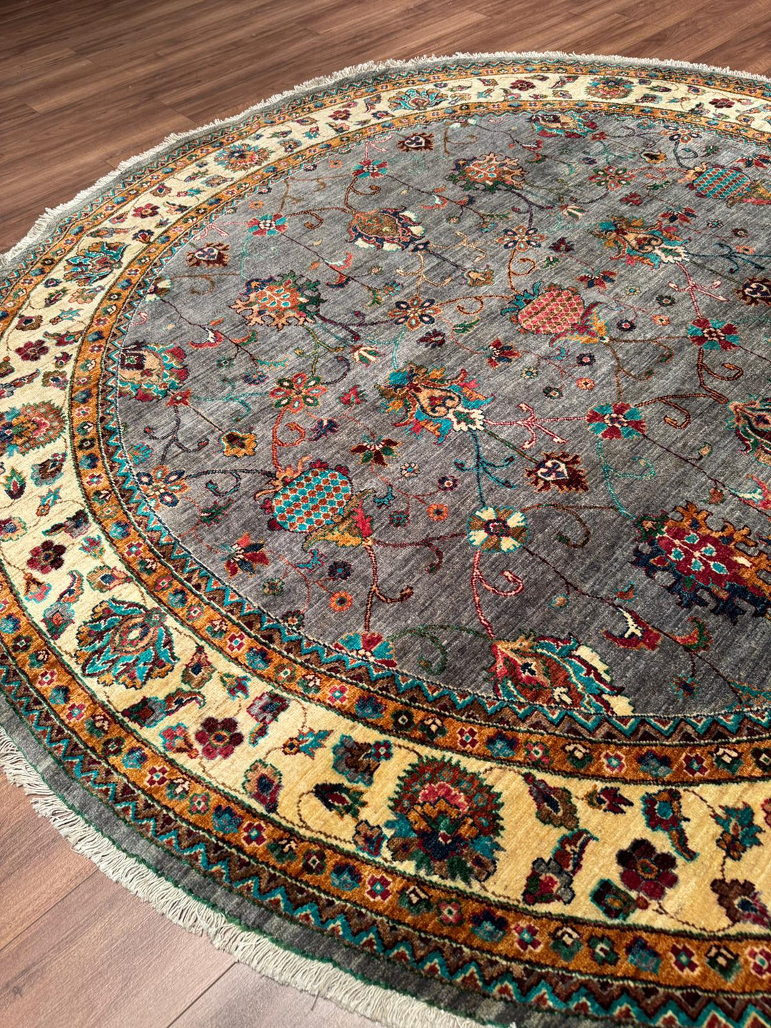 Sultani Binbirgece Yuvarlak Orijinal El Dokuması Gri Kök Boya Yün Halı 240x244 5.86 Metrekare - 8x8 ft