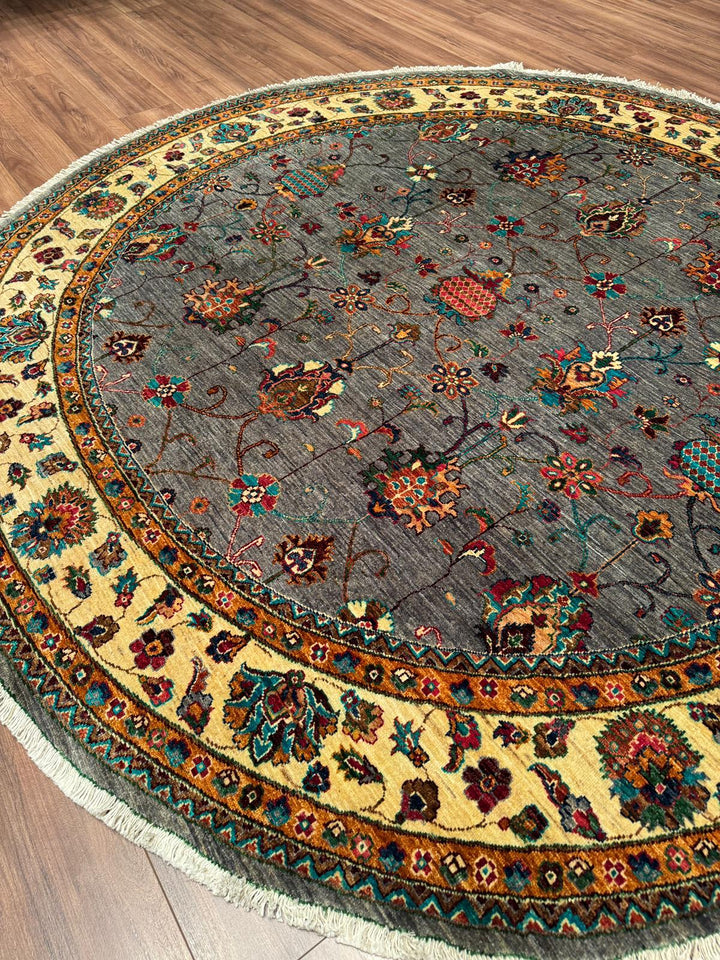 Sultani Binbirgece Yuvarlak Orijinal El Dokuması Gri Kök Boya Yün Halı 240x244 5.86 Metrekare - 8x8 ft