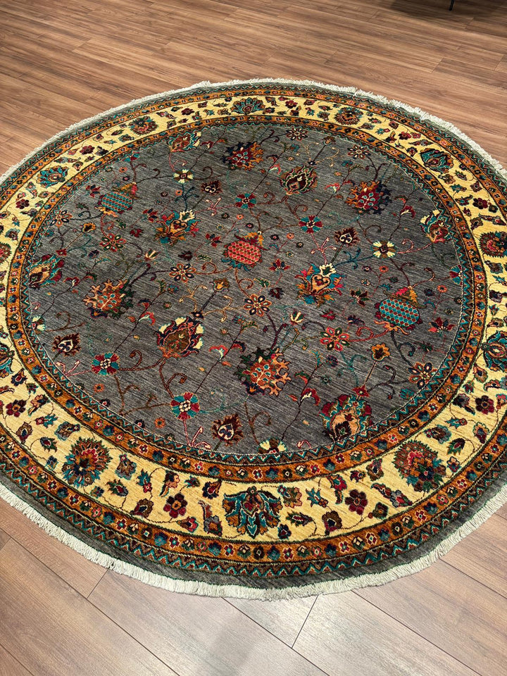Sultani Binbirgece Yuvarlak Orijinal El Dokuması Gri Kök Boya Yün Halı 240x244 5.86 Metrekare - 8x8 ft