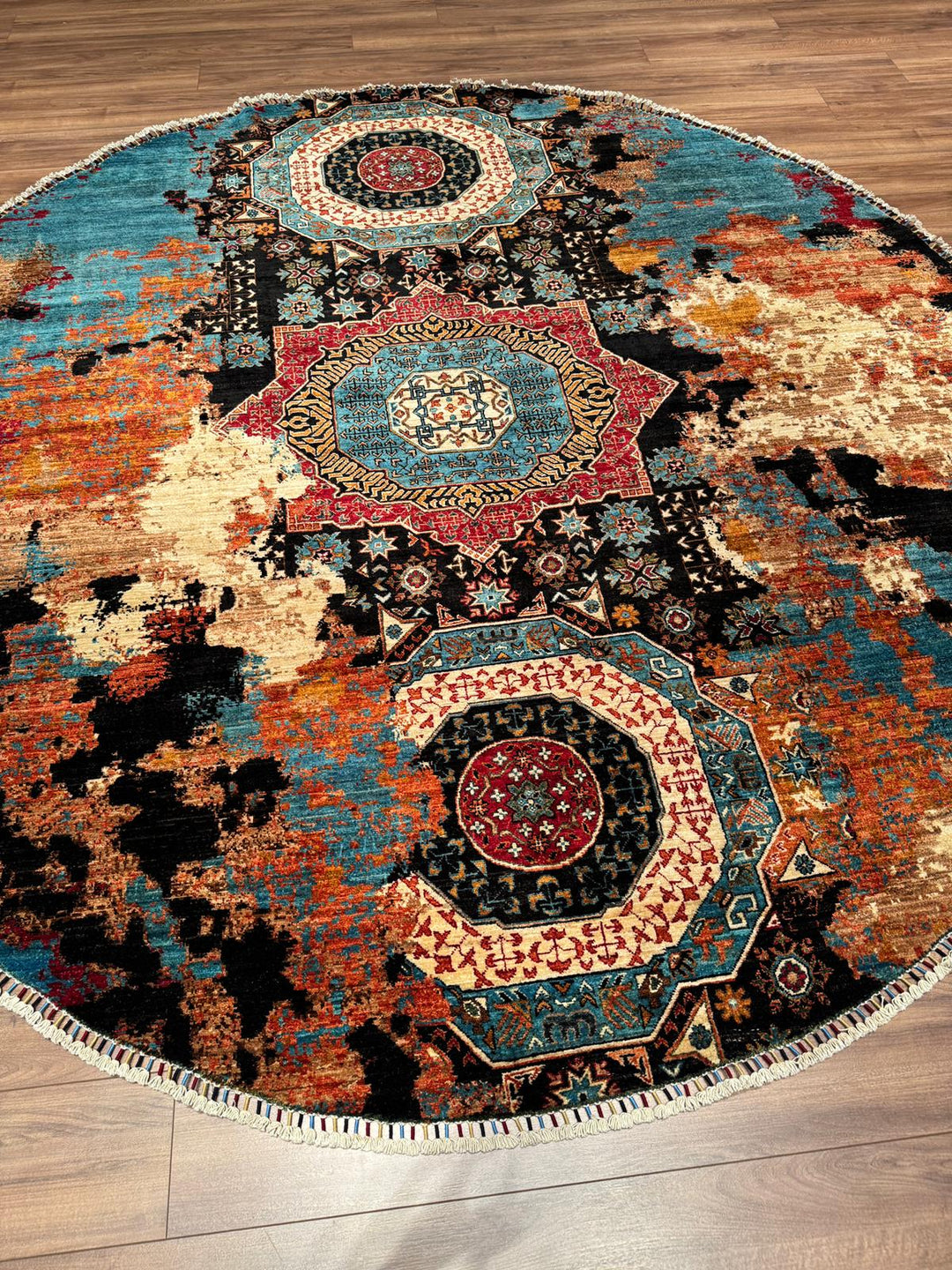 Kırık Memlük Yuvarlak Orijinal El Dokuması Multi Kök Boya Yün Halı 263x271 7.13 Metrekare - 9x9 ft