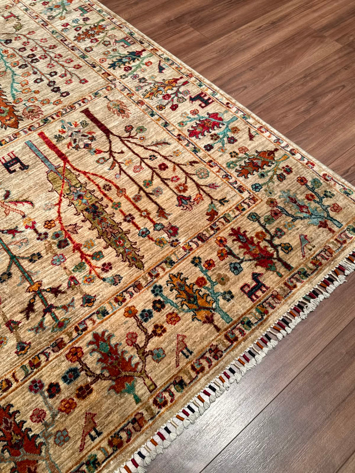 Hayat Ağacı Orijinal El Dokuması Bej Kök Boya Yün Halı 200x304 6.08 Metrekare - 7x10 ft