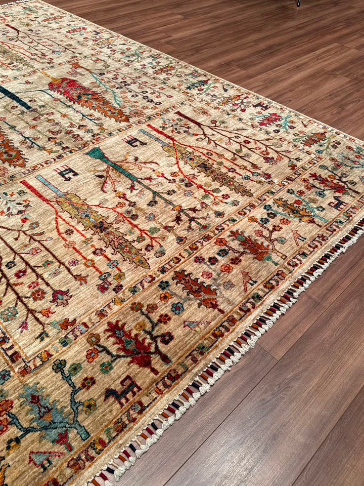 Hayat Ağacı Orijinal El Dokuması Bej Kök Boya Yün Halı 200x304 6.08 Metrekare - 7x10 ft