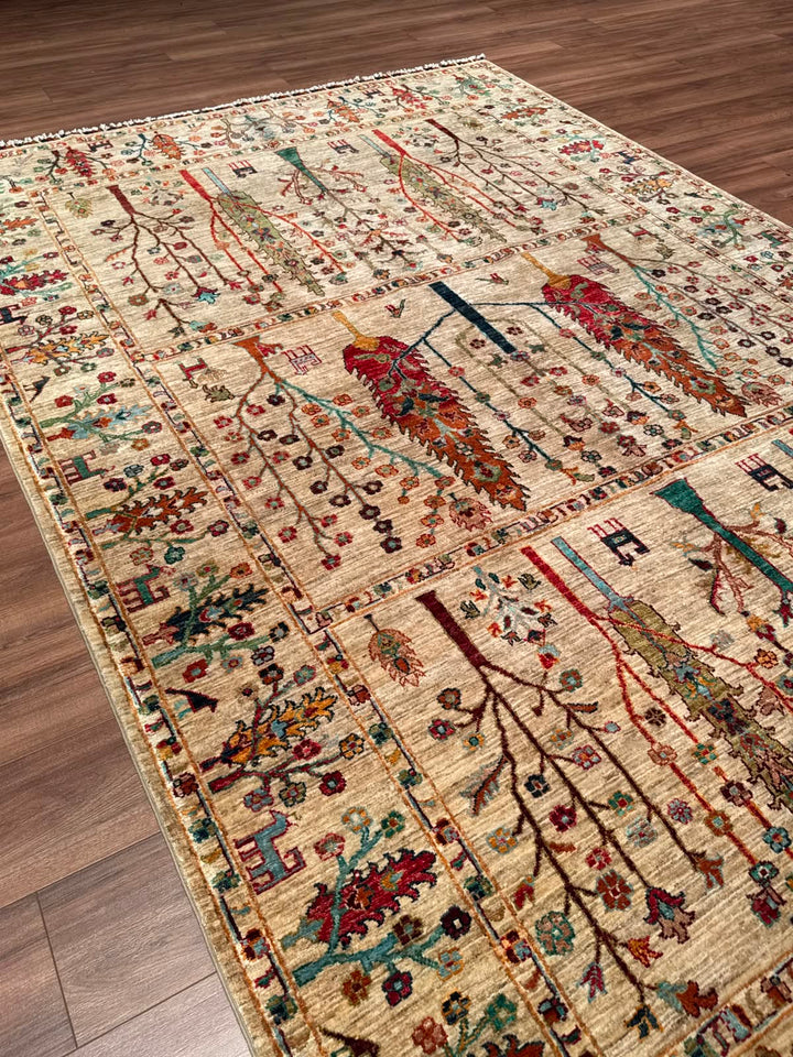 Hayat Ağacı Orijinal El Dokuması Bej Kök Boya Yün Halı 200x304 6.08 Metrekare - 7x10 ft