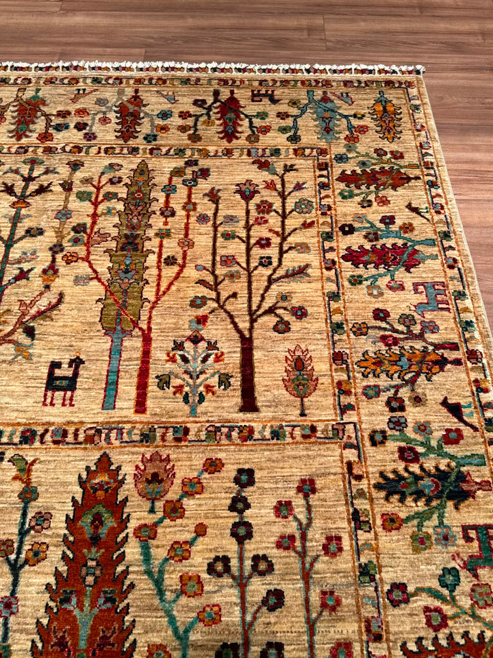 Hayat Ağacı Orijinal El Dokuması Bej Kök Boya Yün Halı 200x304 6.08 Metrekare - 7x10 ft