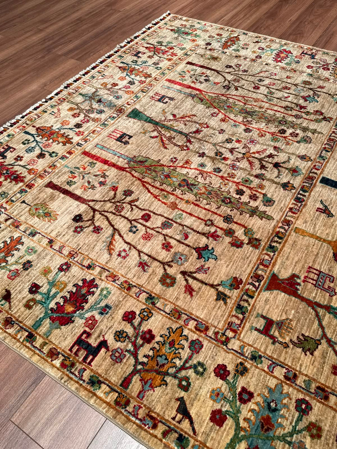 Hayat Ağacı Orijinal El Dokuması Bej Kök Boya Yün Halı 200x304 6.08 Metrekare - 7x10 ft