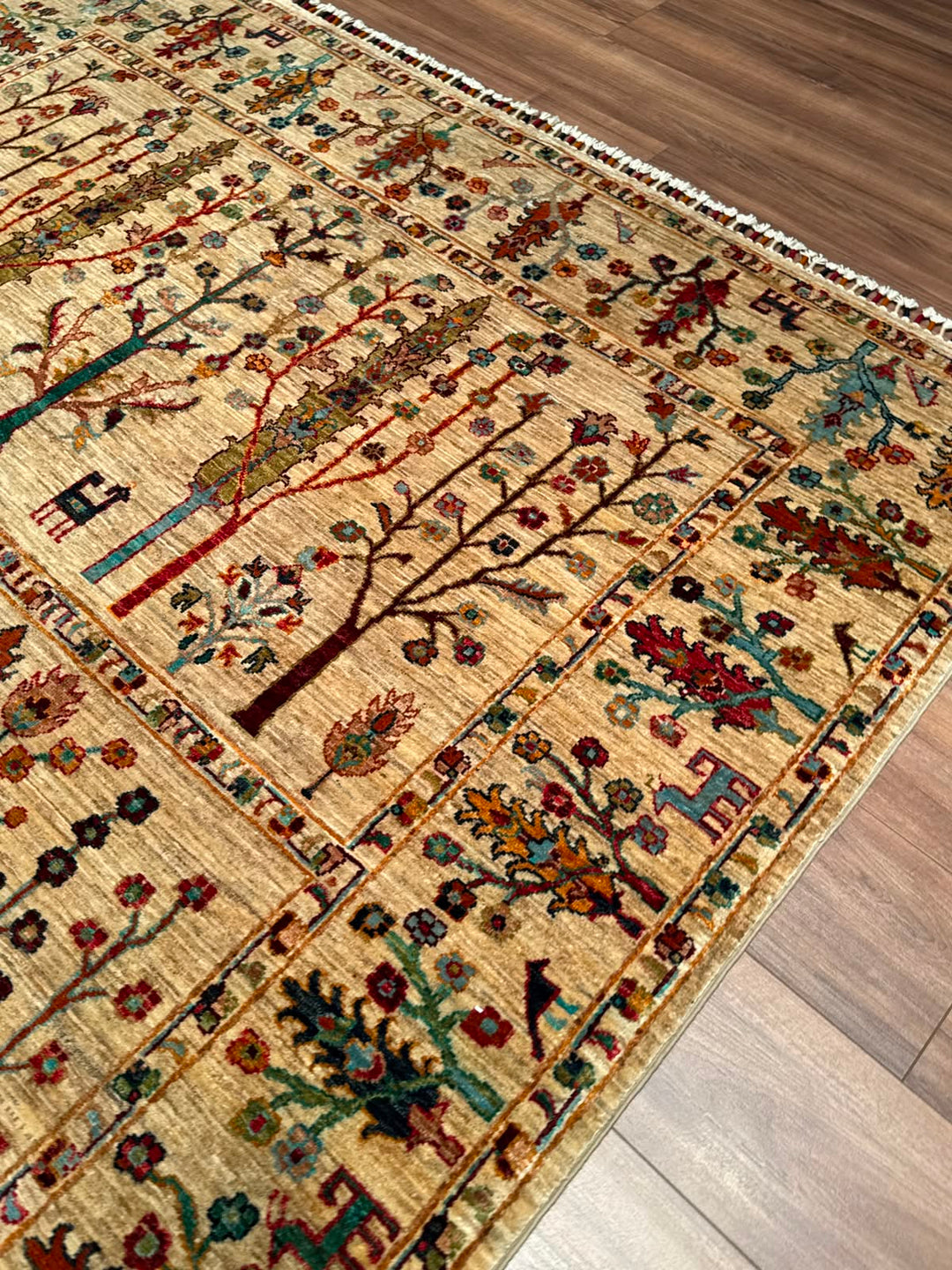 Hayat Ağacı Orijinal El Dokuması Bej Kök Boya Yün Halı 200x304 6.08 Metrekare - 7x10 ft