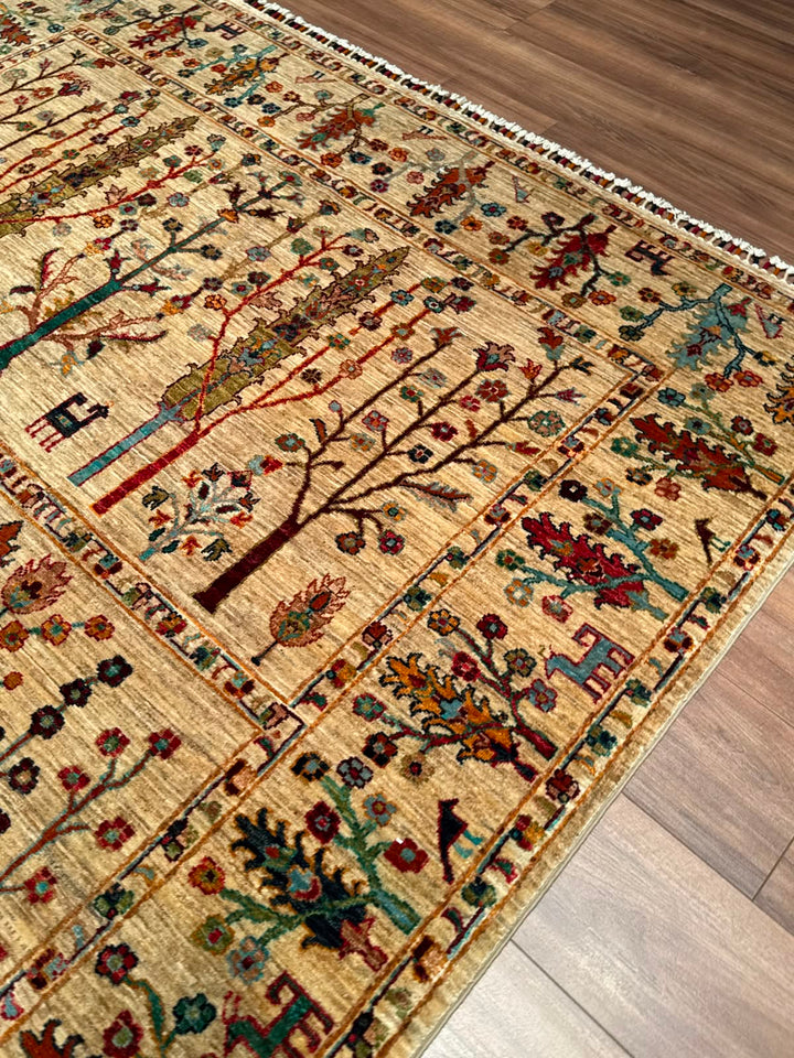 Hayat Ağacı Orijinal El Dokuması Bej Kök Boya Yün Halı 200x304 6.08 Metrekare - 7x10 ft