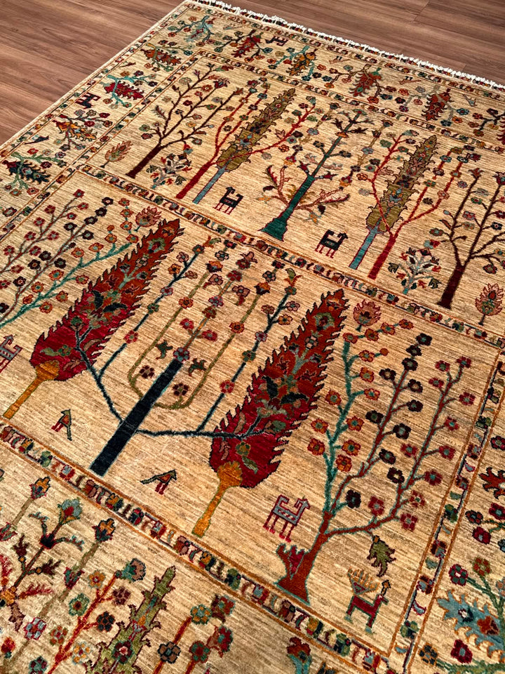 Hayat Ağacı Orijinal El Dokuması Bej Kök Boya Yün Halı 200x304 6.08 Metrekare - 7x10 ft