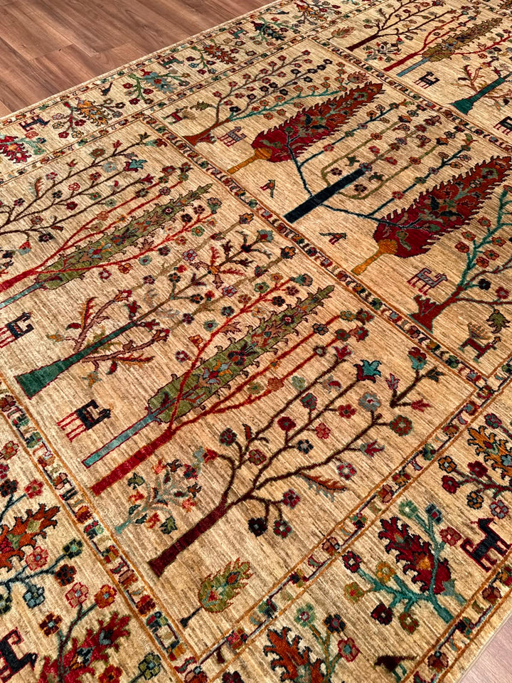 Hayat Ağacı Orijinal El Dokuması Bej Kök Boya Yün Halı 200x304 6.08 Metrekare - 7x10 ft