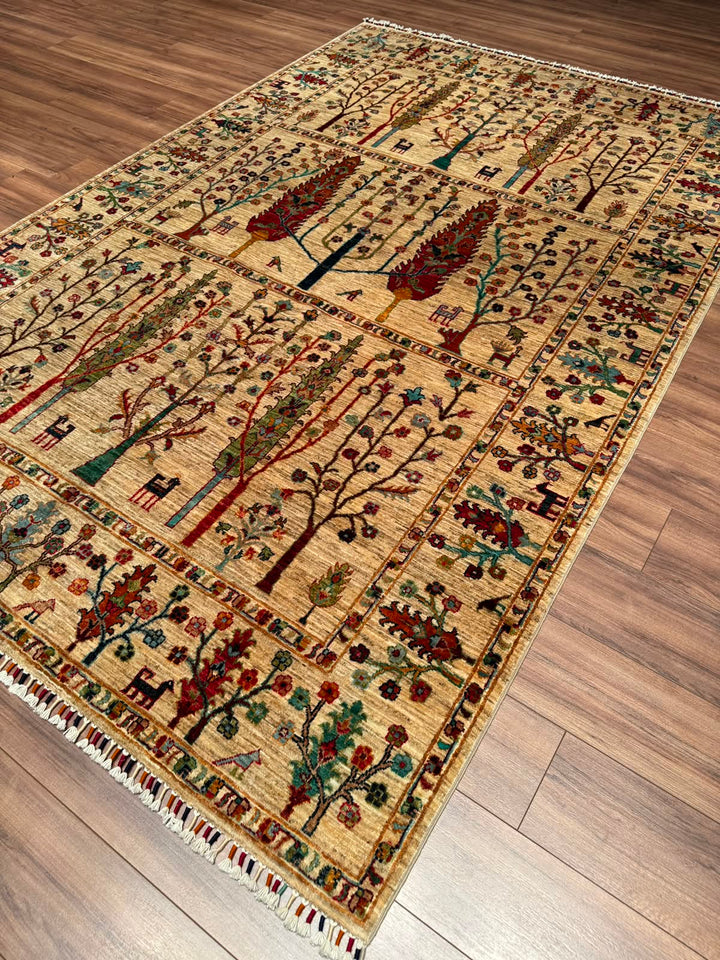Hayat Ağacı Orijinal El Dokuması Bej Kök Boya Yün Halı 200x304 6.08 Metrekare - 7x10 ft