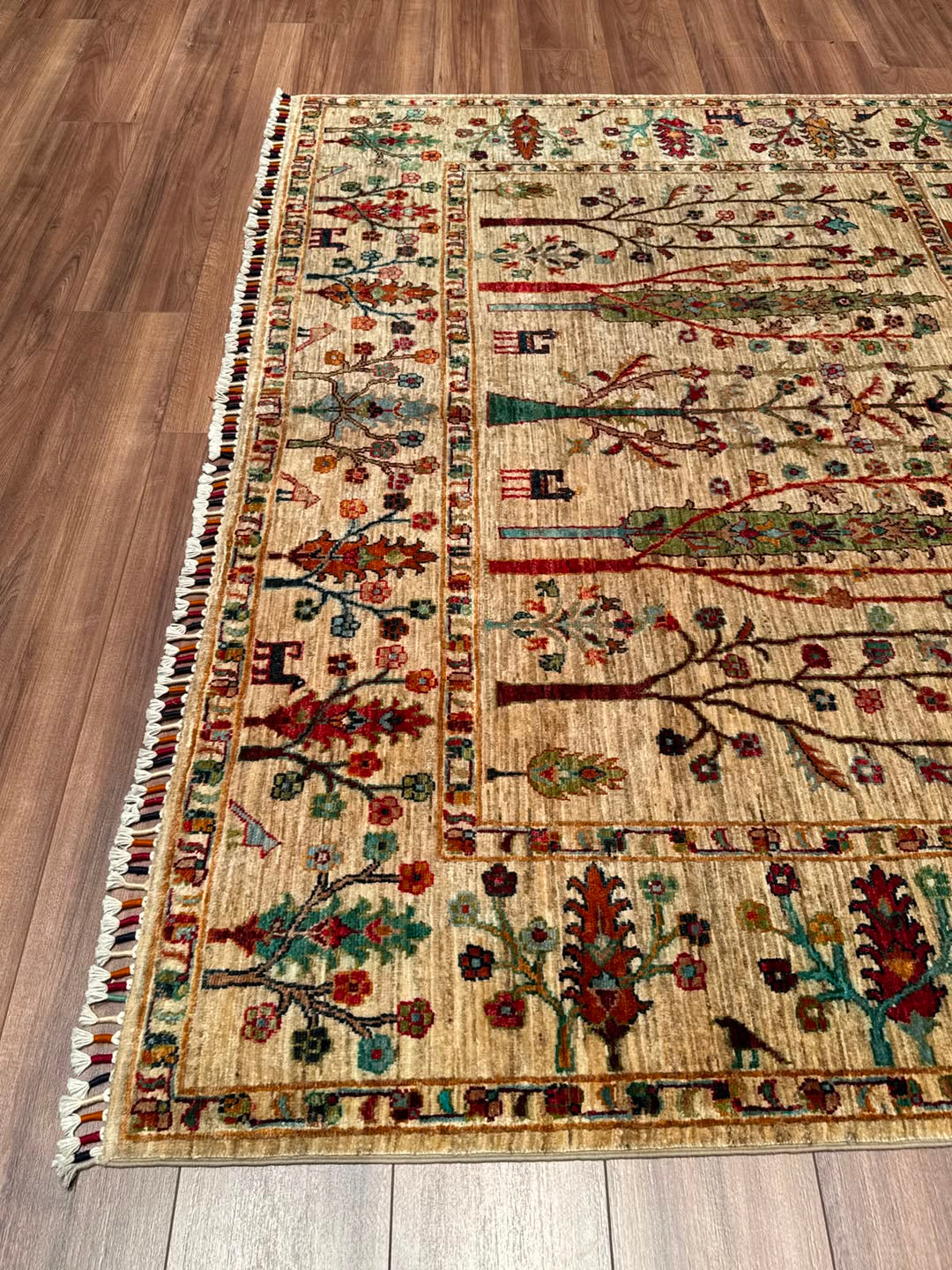 Hayat Ağacı Orijinal El Dokuması Bej Kök Boya Yün Halı 200x304 6.08 Metrekare - 7x10 ft