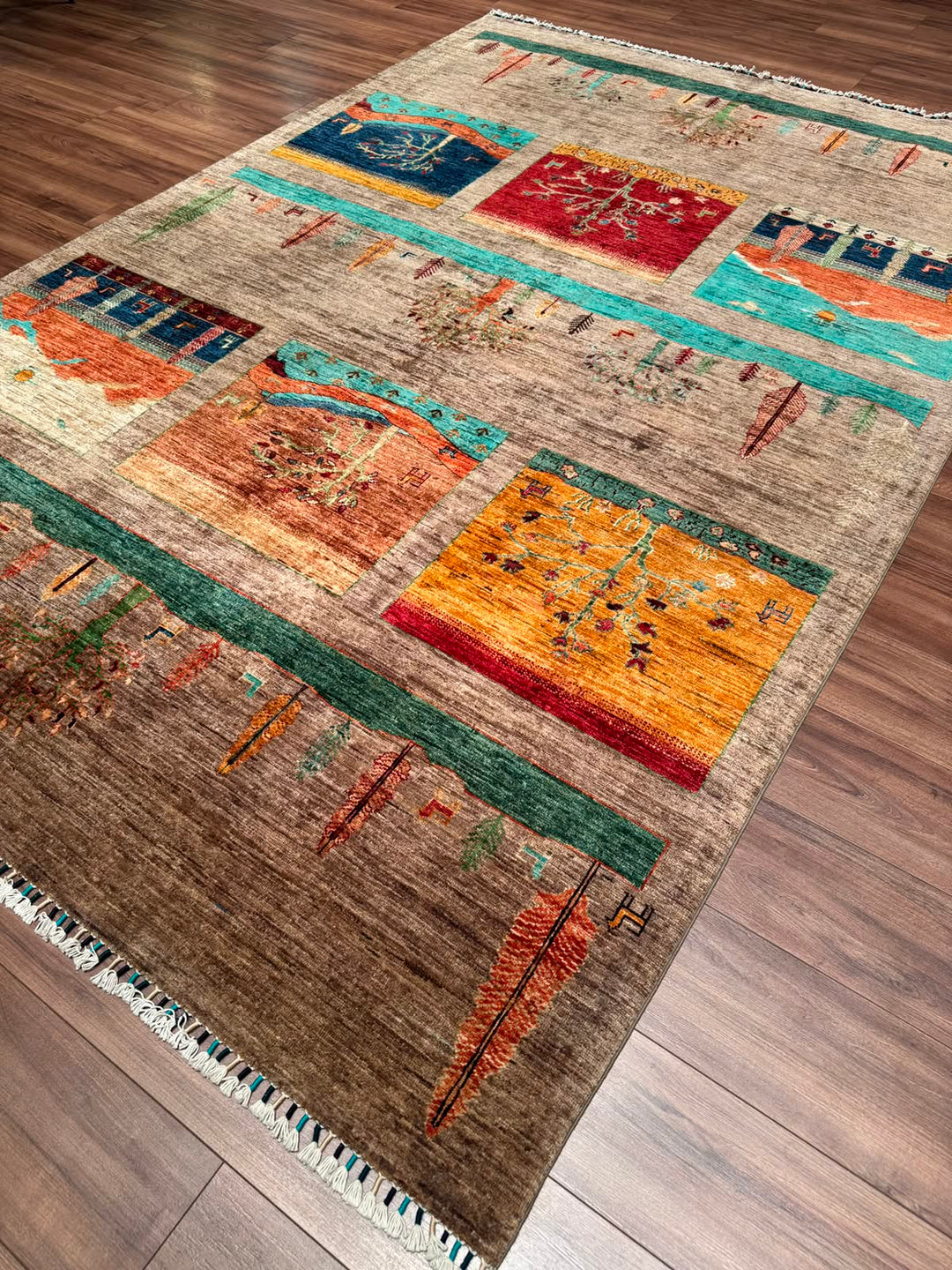 Hayat Ağacı Orijinal El Dokuması Bej Kök Boya Yün Halı 207x307 6.35 Metrekare - 7x10 ft
