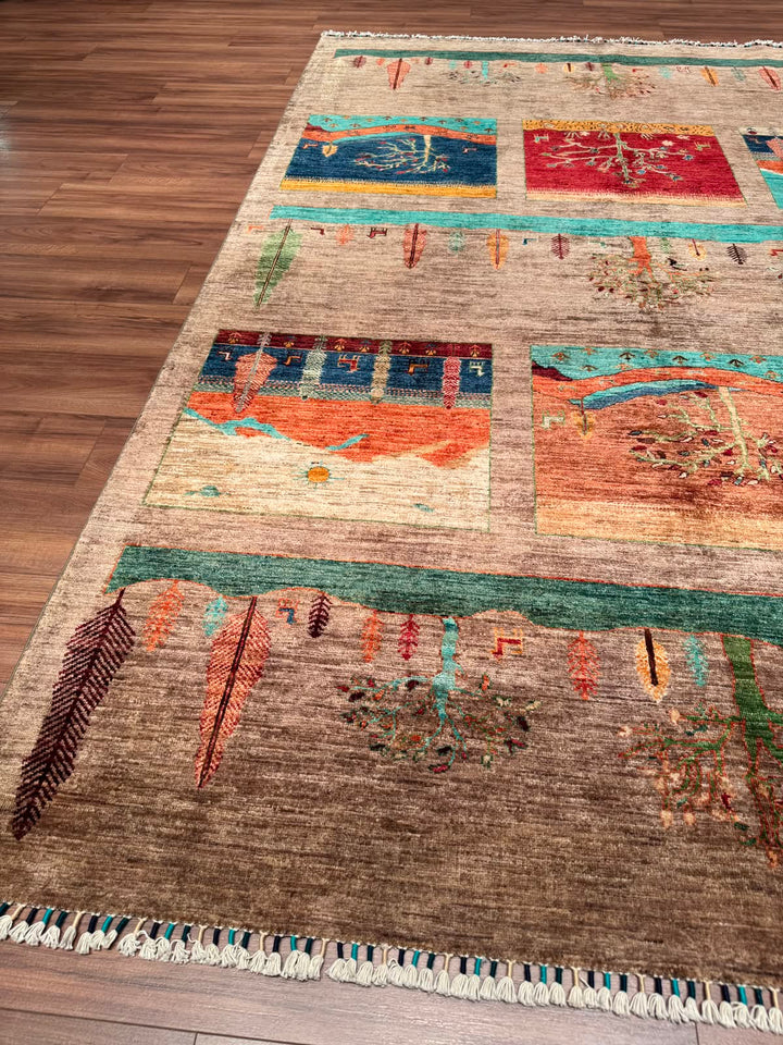 Hayat Ağacı Orijinal El Dokuması Bej Kök Boya Yün Halı 207x307 6.35 Metrekare - 7x10 ft