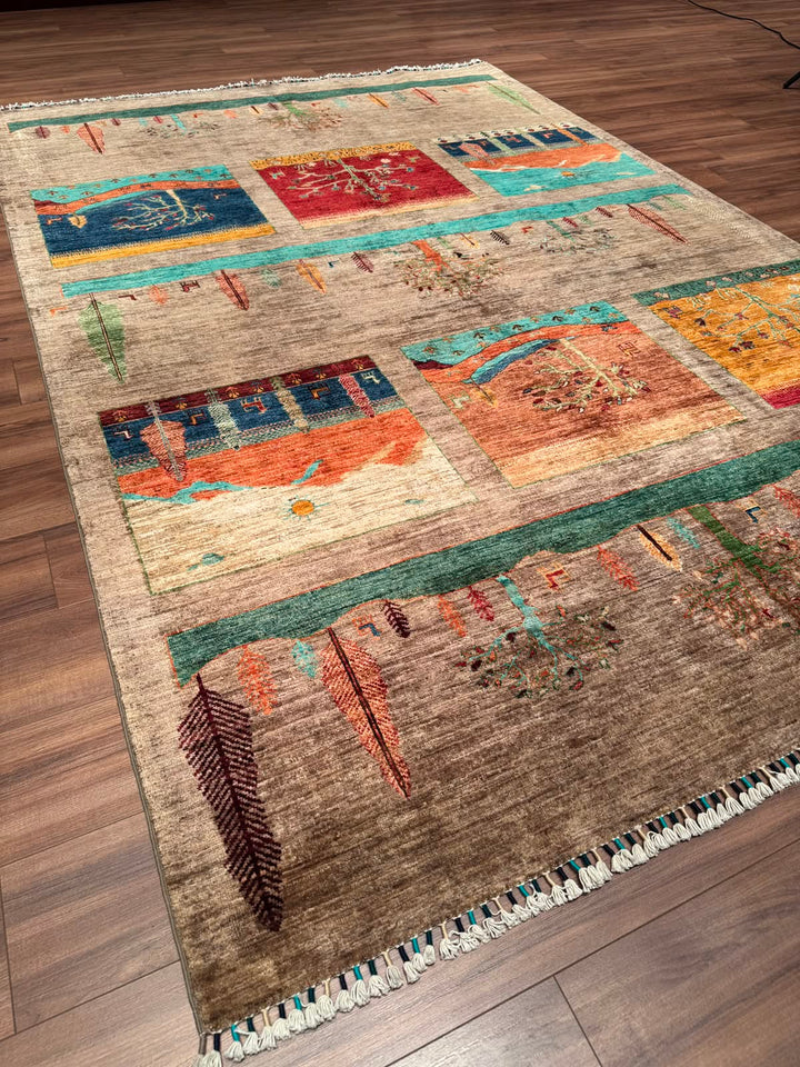 Hayat Ağacı Orijinal El Dokuması Bej Kök Boya Yün Halı 207x307 6.35 Metrekare - 7x10 ft