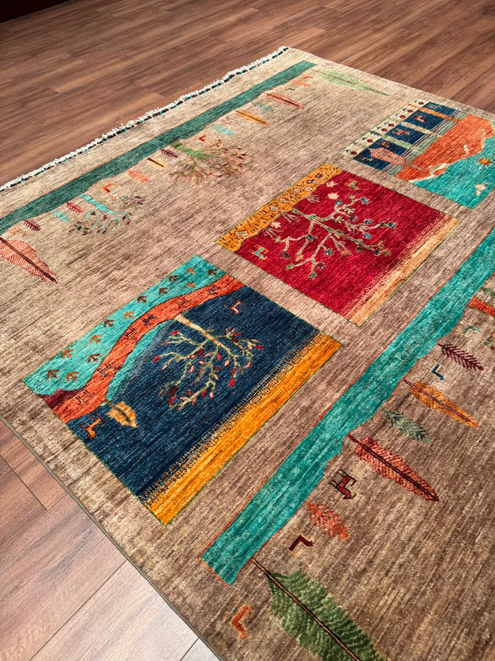 Hayat Ağacı Orijinal El Dokuması Bej Kök Boya Yün Halı 207x307 6.35 Metrekare - 7x10 ft