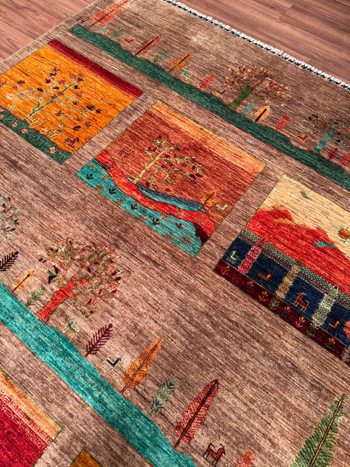 Hayat Ağacı Orijinal El Dokuması Bej Kök Boya Yün Halı 207x307 6.35 Metrekare - 7x10 ft