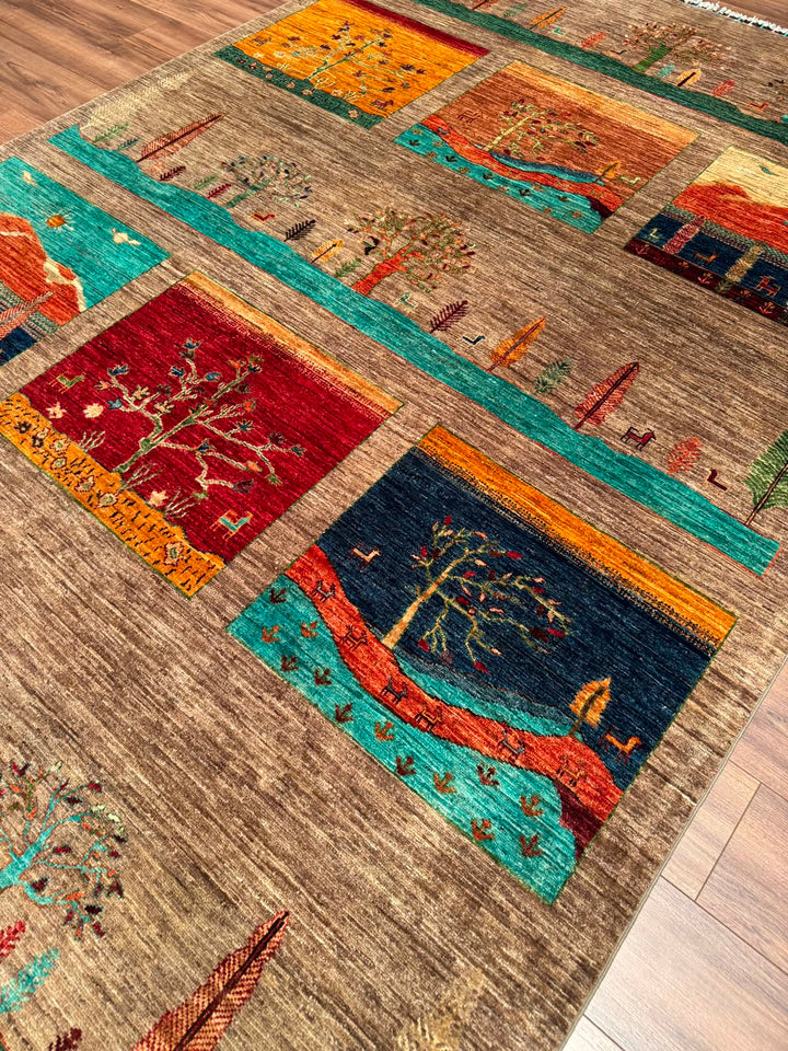 Hayat Ağacı Orijinal El Dokuması Bej Kök Boya Yün Halı 207x307 6.35 Metrekare - 7x10 ft