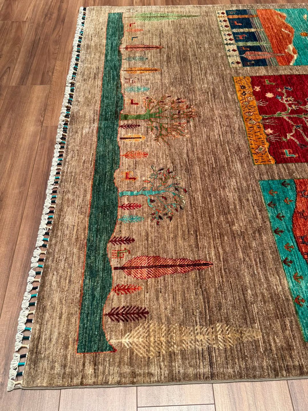 Hayat Ağacı Orijinal El Dokuması Bej Kök Boya Yün Halı 207x307 6.35 Metrekare - 7x10 ft