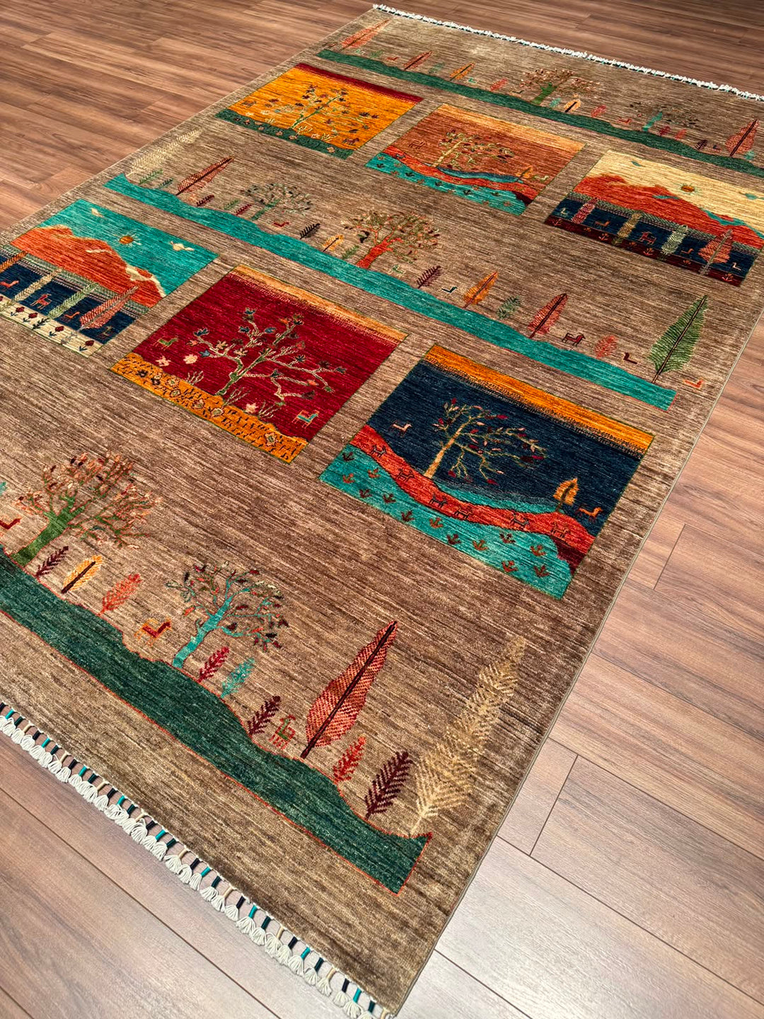 Hayat Ağacı Orijinal El Dokuması Bej Kök Boya Yün Halı 207x307 6.35 Metrekare - 7x10 ft