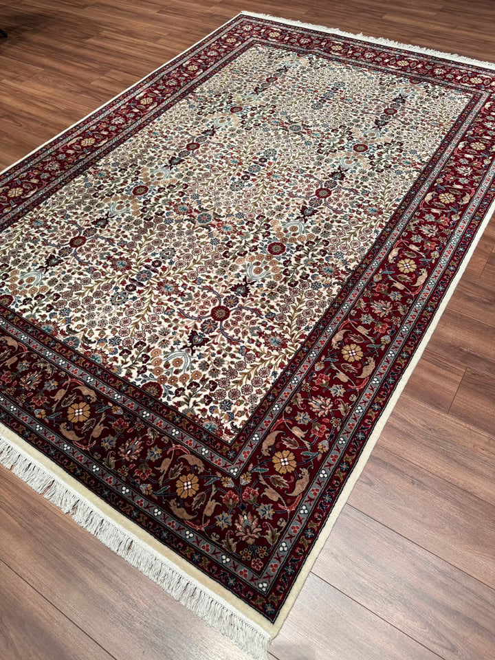 Hereke Yedi Dağın Çiçeği Orijinal El Dokuması Kırmızı Krem Yün Halı 198x288 5.70 Metrekare - 7x10 ft