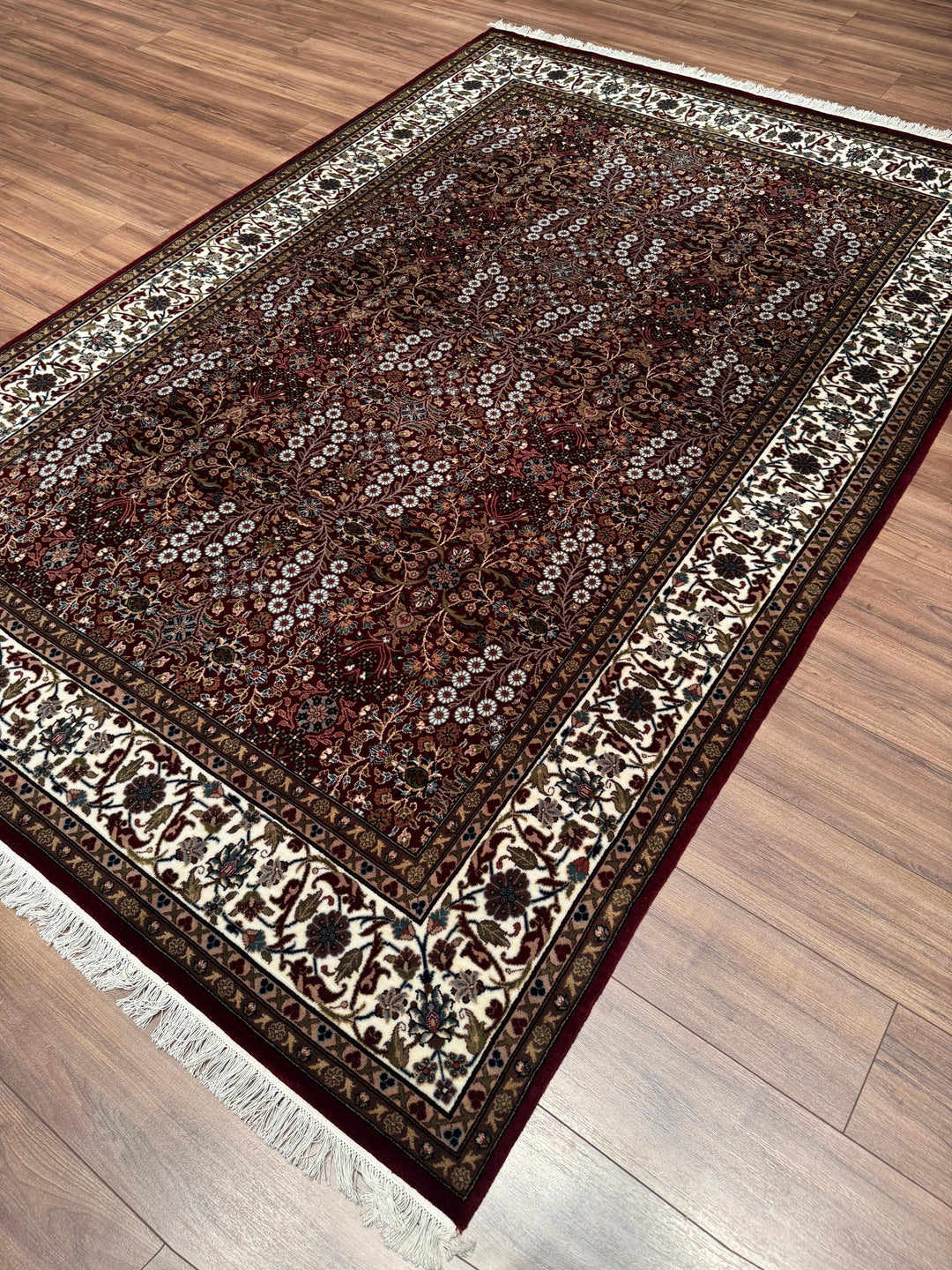 Hereke Yedi Dağın Çiçeği Orijinal El Dokuması Kırmızı Krem Yün Halı 191x286 5.46 Metrekare - 7x10 ft