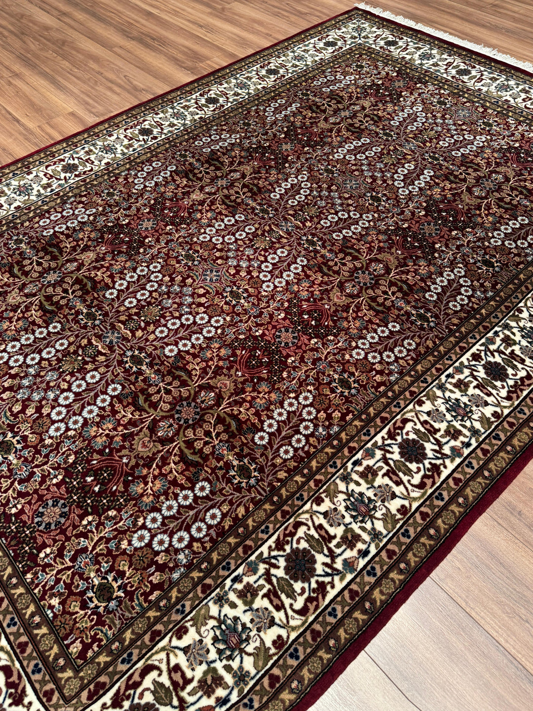Hereke Yedi Dağın Çiçeği Orijinal El Dokuması Kırmızı Krem Yün Halı 191x286 5.46 Metrekare - 7x10 ft