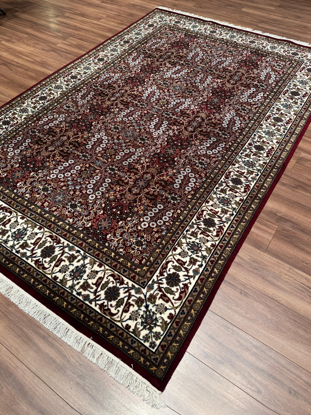 Hereke Yedi Dağın Çiçeği Orijinal El Dokuması Kırmızı Krem Yün Halı 191x286 5.46 Metrekare - 7x10 ft