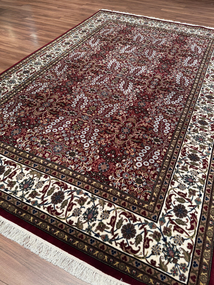 Hereke Yedi Dağın Çiçeği Orijinal El Dokuması Kırmızı Krem Yün Halı 191x286 5.46 Metrekare - 7x10 ft