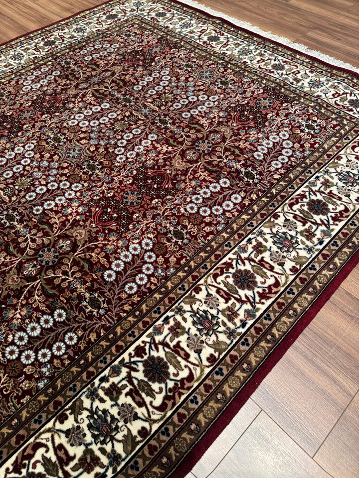Hereke Yedi Dağın Çiçeği Orijinal El Dokuması Kırmızı Krem Yün Halı 191x286 5.46 Metrekare - 7x10 ft