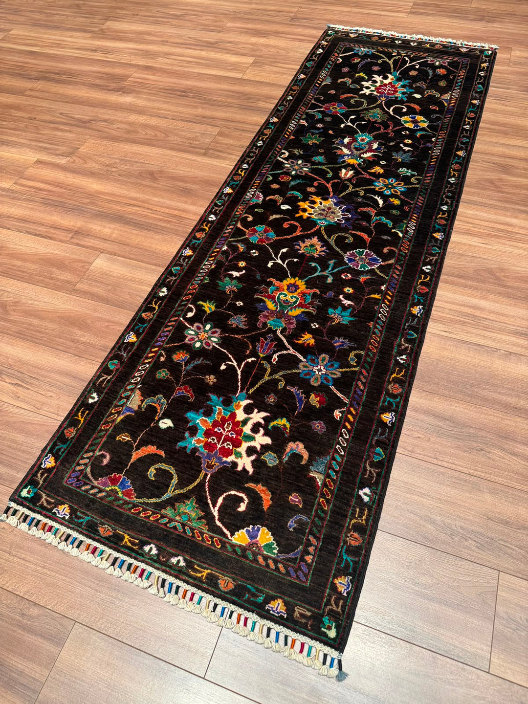 Sultani Binbirgece Yolluk Orijinal El Dokuması Siyah Kök Boya Yün Halı 0.80x250 2 Metrekare - 3x8 ft