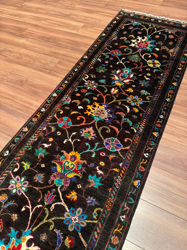 Sultani Binbirgece Yolluk Orijinal El Dokuması Siyah Kök Boya Yün Halı 0.80x250 2 Metrekare - 3x8 ft
