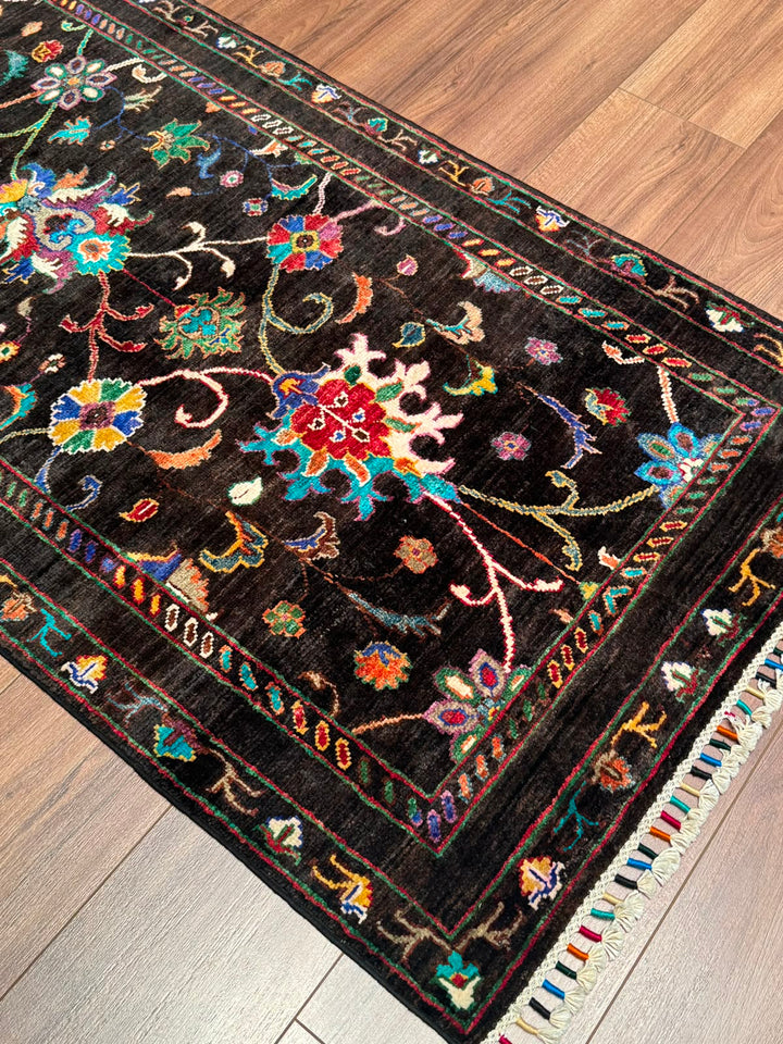 Sultani Binbirgece Yolluk Orijinal El Dokuması Siyah Kök Boya Yün Halı 0.80x250 2 Metrekare - 3x8 ft