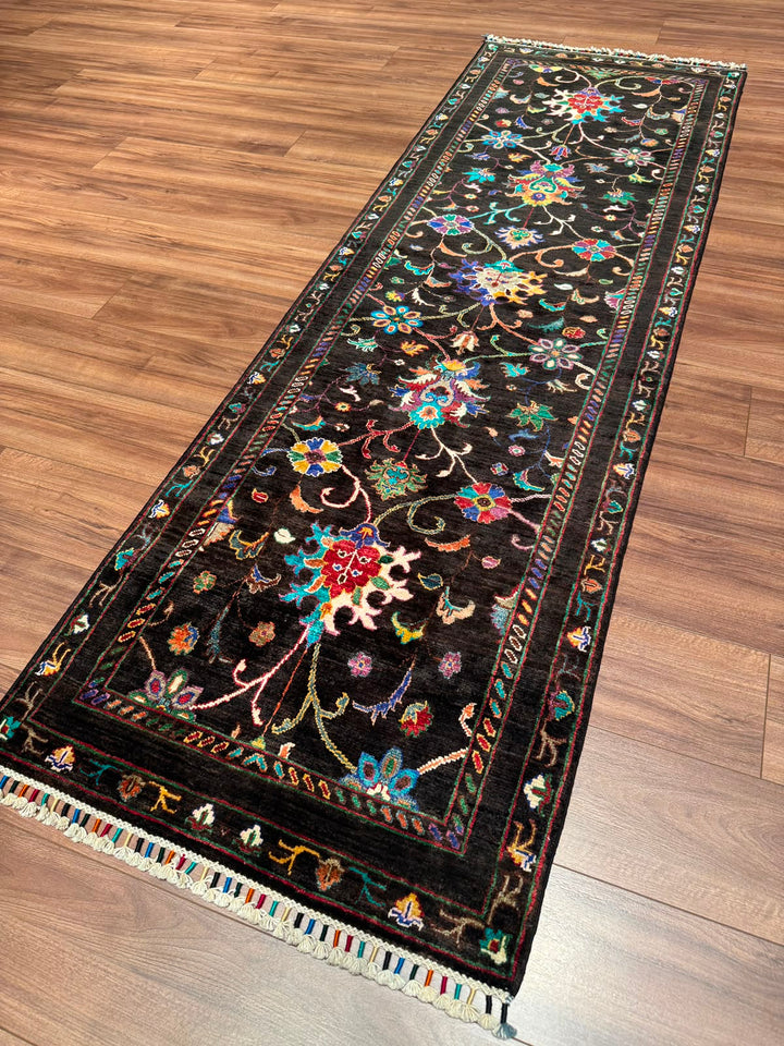 Sultani Binbirgece Yolluk Orijinal El Dokuması Siyah Kök Boya Yün Halı 0.80x250 2 Metrekare - 3x8 ft