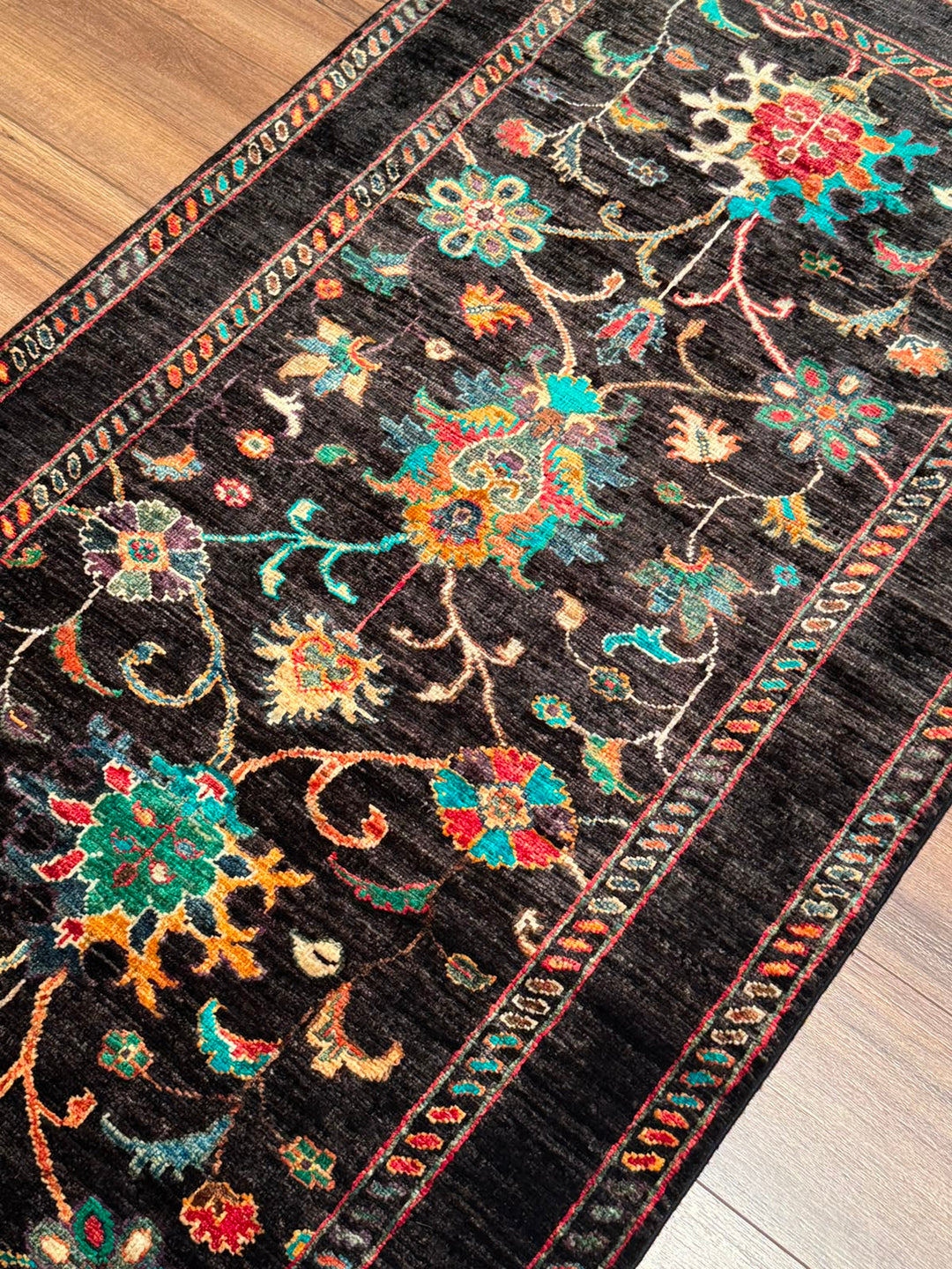 Sultani Binbirgece Yolluk Orijinal El Dokuması Siyah Kök Boya Yün Halı 0.84x237 1.99 Metrekare - 3x8 ft