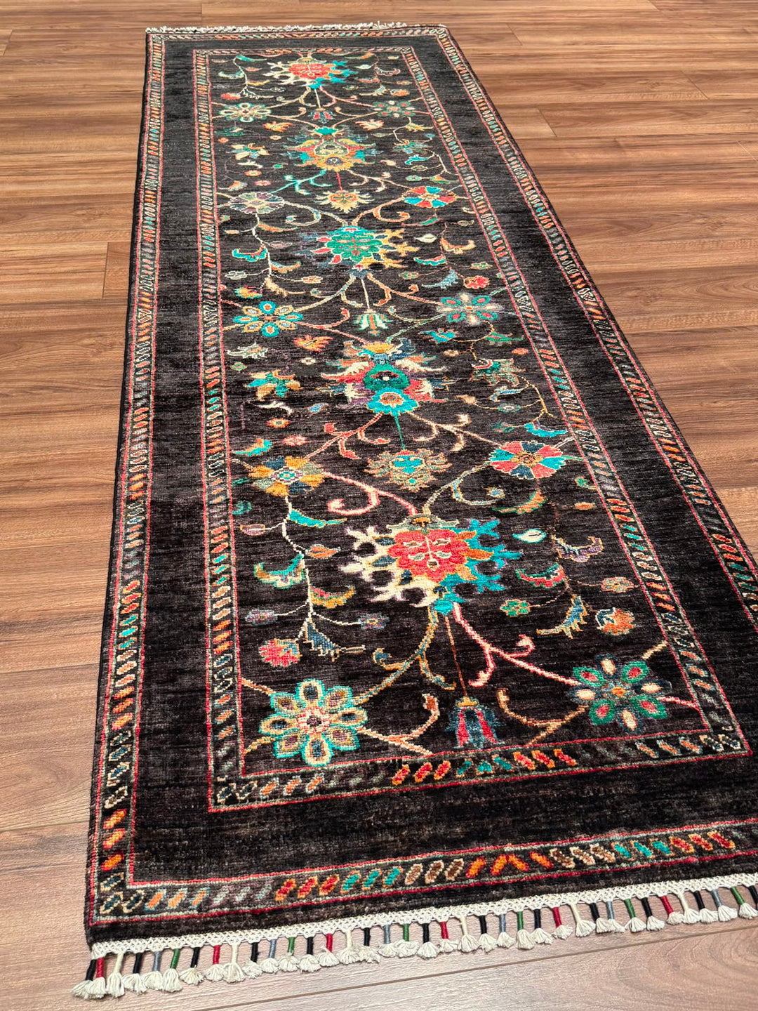 Sultani Binbirgece Yolluk Orijinal El Dokuması Siyah Kök Boya Yün Halı 0.84x237 1.99 Metrekare - 3x8 ft