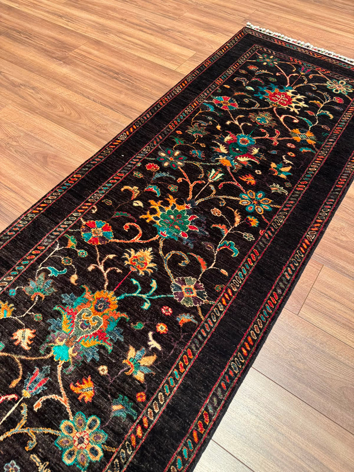 Sultani Binbirgece Yolluk Orijinal El Dokuması Siyah Kök Boya Yün Halı 0.84x237 1.99 Metrekare - 3x8 ft